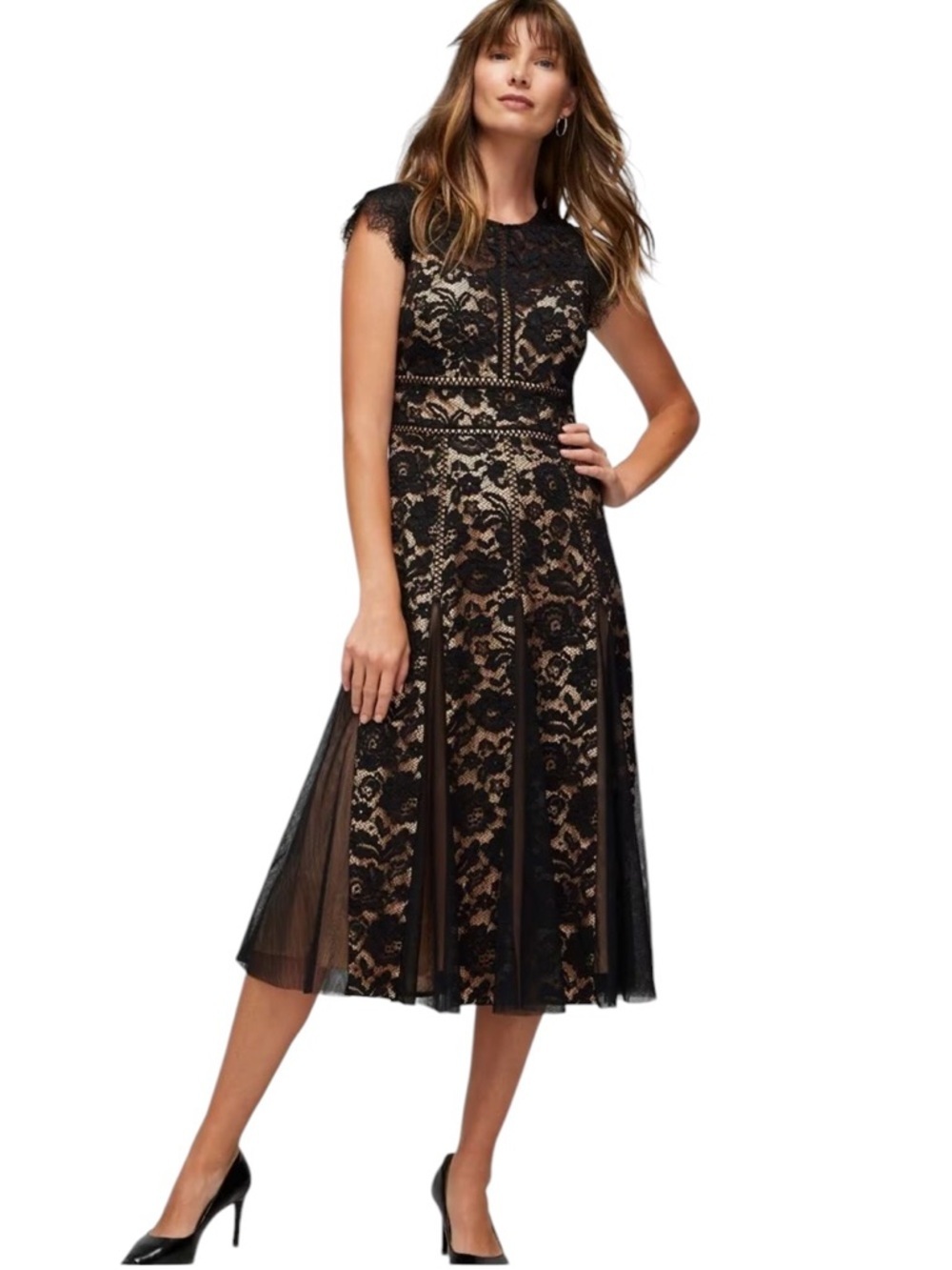 White House Black Market Cap Sleeve All Over Lace Godet Fit N Flare Dress Sz 14